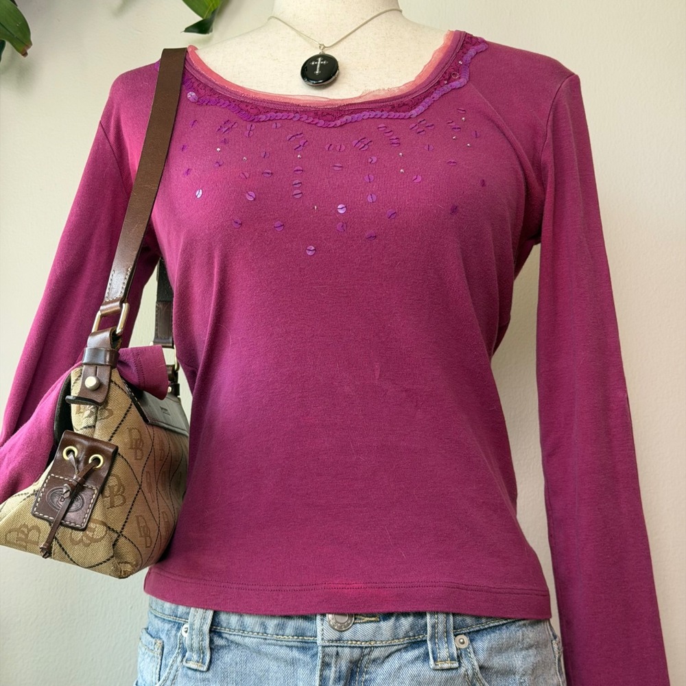 y2k Magenta Pink Sequin Lace Long Sleeve Top La Redoute Fairy grunge Whimsy 6/8
